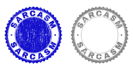 Grunge SARCASM stamp seals isolated on a white background. Rosette seals with distress texture in blue and grey colors. Vector rubber stamp imitation of SARCASM tag inside round rosette.