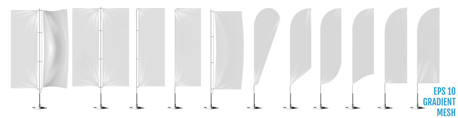 Realistic white banner flags 3d mockup. Textile waving advertisement banner flags. © writerfantast