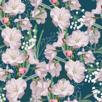 Seamless pattern with hand drawn sakura flowers with green leaves and herbs. Beautiful floral design elements, vintage blue background.