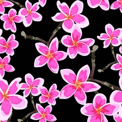 Seamless pattern with bright pink flowers. Floral décor of plumeria branch. Elegant tropical floral print for fabric design, woman dress, background, wrapping paper, cover. Black background.