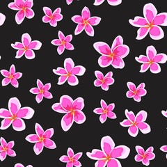 Seamless pattern with bright pink flowers. Floral décor of plumeria. Elegant tropical floral print for fabric design, woman dress, background, wrapping paper, cover. Black background.
