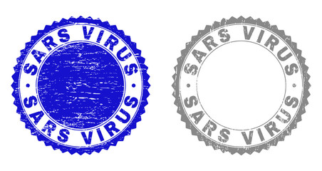 Grunge SARS VIRUS stamp seals isolated on a white background. Rosette seals with grunge texture in blue and gray colors. Vector rubber stamp imitation of SARS VIRUS title inside round rosette.