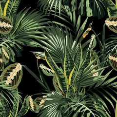 Papier Peint photo autocollant Tropical ensemble 1 Papier peint tropique à la mode florale avec des feuilles de palmier et des plantes exotiques sur fond noir. Imprimer le modèle sans couture de la jungle d& 39 Hawaï.