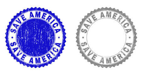 Grunge SAVE AMERICA stamp seals isolated on a white background. Rosette seals with grunge texture in blue and grey colors. Vector rubber stamp imitation of SAVE AMERICA text inside round rosette.