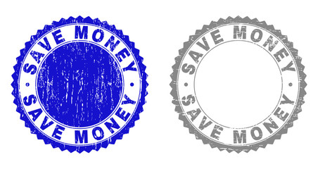Grunge SAVE MONEY stamp seals isolated on a white background. Rosette seals with grunge texture in blue and gray colors. Vector rubber overlay of SAVE MONEY tag inside round rosette.