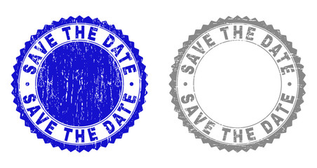Grunge SAVE THE DATE stamp seals isolated on a white background. Rosette seals with grunge texture in blue and gray colors. Vector rubber stamp imprint of SAVE THE DATE tag inside round rosette.