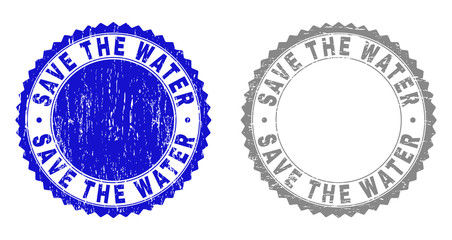 Grunge SAVE THE WATER stamp seals isolated on a white background. Rosette seals with grunge texture in blue and gray colors. Vector rubber stamp imitation of SAVE THE WATER title inside round rosette.