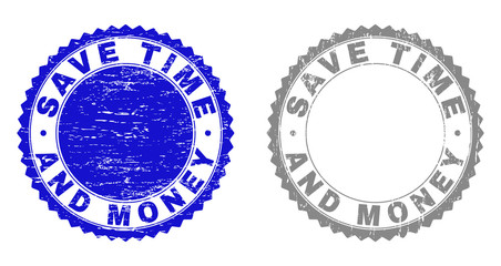 Grunge SAVE TIME AND MONEY stamp seals isolated on a white background. Rosette seals with grunge texture in blue and gray colors.