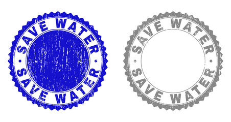 Grunge SAVE WATER stamp seals isolated on a white background. Rosette seals with grunge texture in blue and grey colors. Vector rubber stamp imprint of SAVE WATER text inside round rosette.