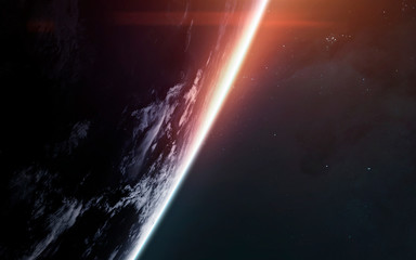 Earth planet. Sunrise in space. Science fiction art. Elements of this image furnished by NASA