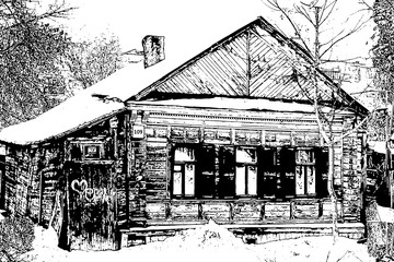 seamless texture, village house with three windows, monochrome