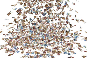 3D rendering of a computer-generated simulation showing banknotes of 10, 20 and 50 Euro falling down, on white background