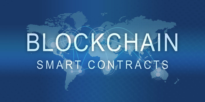 wmb6 WorldMapBanner wmb - Text - Blockchain Smart Contracts: block chain concept - abstract illustration - worldmap with dots (global transactions) - 2to1 xxl g7209