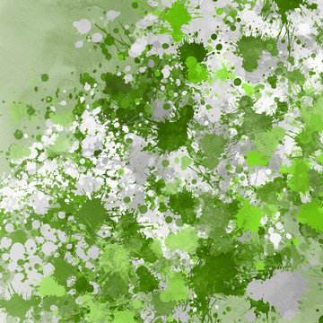 Green Paint Splatter Effect Texture On Gray Paper Background. Artistic Backdrop. Different Paint Drops. 