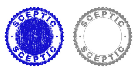 Grunge SCEPTIC stamp seals isolated on a white background. Rosette seals with grunge texture in blue and gray colors. Vector rubber stamp imitation of SCEPTIC title inside round rosette.