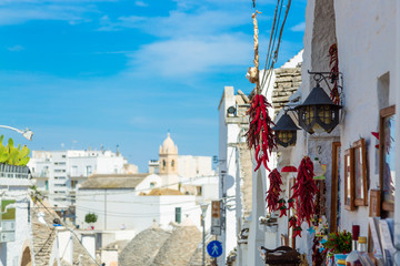 Dried pepper in a scenic city Alberobello, provine Bari, region Puglia, Italy