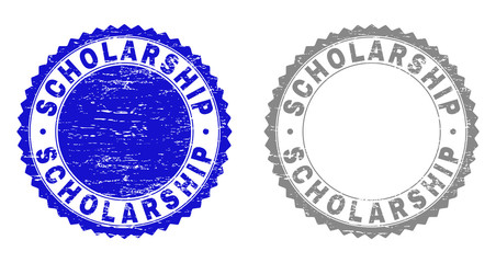 Grunge SCHOLARSHIP stamp seals isolated on a white background. Rosette seals with grunge texture in blue and grey colors. Vector rubber overlay of SCHOLARSHIP label inside round rosette.