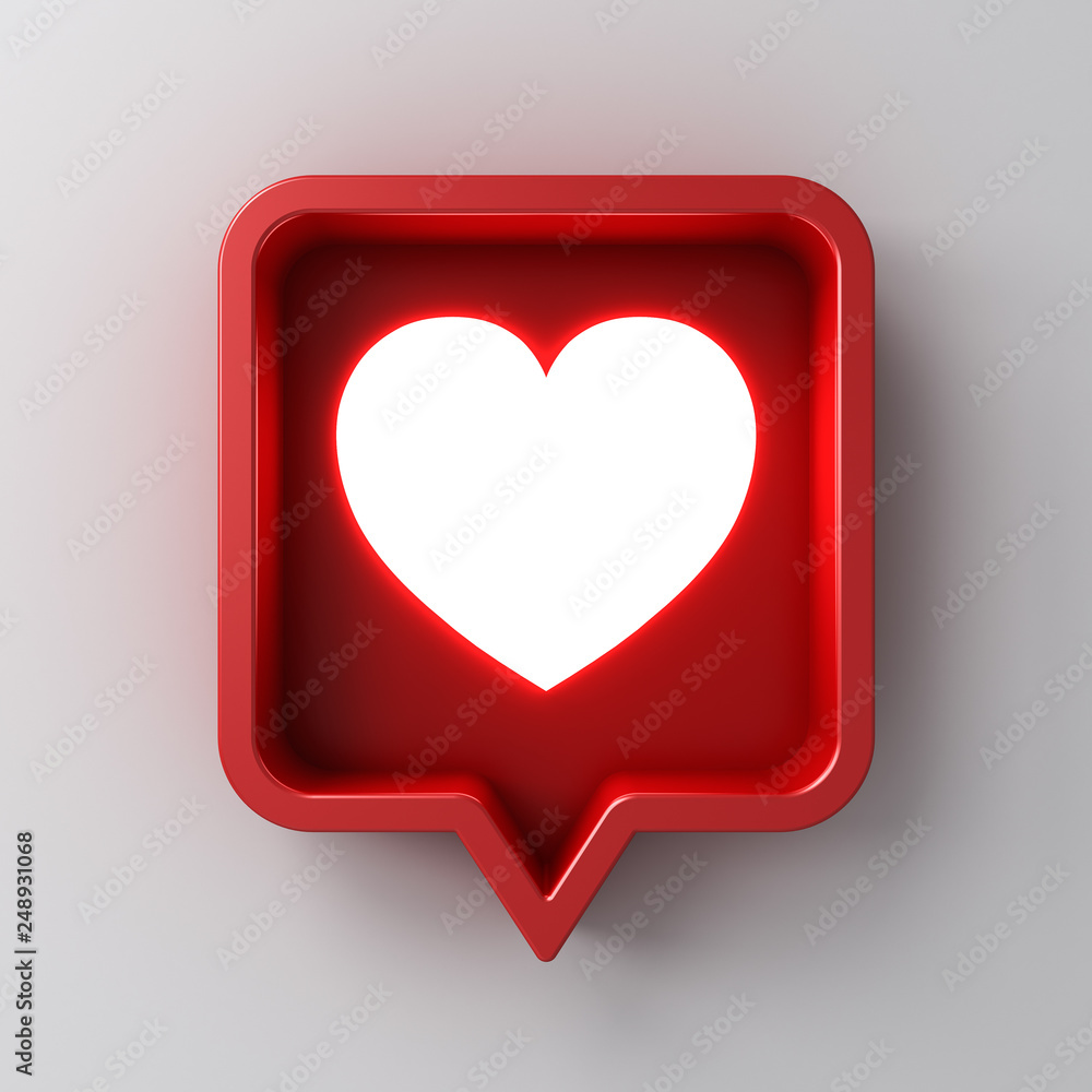 Aufkleber 3d social media notification light like heart icon in red rounded square pin isolated on white wall background with shadow 3D rendering
