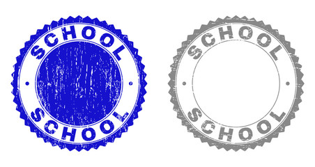 Grunge SCHOOL stamp seals isolated on a white background. Rosette seals with grunge texture in blue and grey colors. Vector rubber stamp imitation of SCHOOL text inside round rosette.