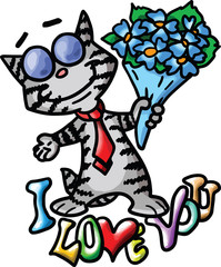 Cartoon cat saying i love you in the cutest way  holding a bouquet of flowers vector illustration valentine's day, February 14