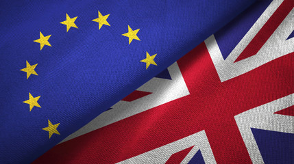 European Union and United Kingdom two flags textile cloth, fabric texture