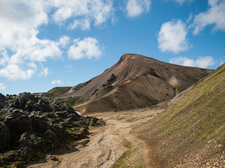 Path in colorful mountains. Perfect destination for hikers. The Legendary Laugavegur Trek, Iceland.