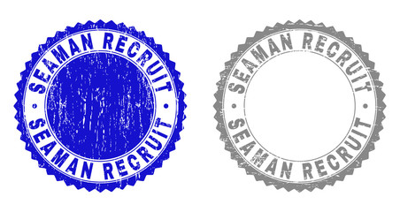 Grunge SEAMAN RECRUIT stamp seals isolated on a white background. Rosette seals with grunge texture in blue and grey colors. Vector rubber watermark of SEAMAN RECRUIT title inside round rosette.