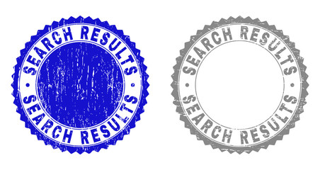 Grunge SEARCH RESULTS stamp seals isolated on a white background. Rosette seals with grunge texture in blue and grey colors. Vector rubber stamp imprint of SEARCH RESULTS text inside round rosette.