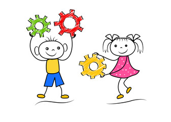 Doodle boy and girl teamwork isolated on white background. Stickman figures engineering. Vector illustration