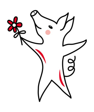 The pig is a symbol of 2019. Dancing piggy. Black and white and red. Colorful polygonal drawing.  Vector picture.