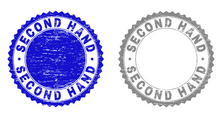 Grunge SECOND HAND stamp seals isolated on a white background. Rosette seals with grunge texture in blue and gray colors. Vector rubber watermark of SECOND HAND title inside round rosette.