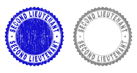 Grunge SECOND LIEUTENANT stamp seals isolated on a white background. Rosette seals with grunge texture in blue and grey colors.