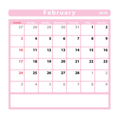 Calendar sheet for the month of february 2019, pink colour
