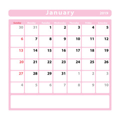 Calendar sheet for the month of january 2019, pink colour