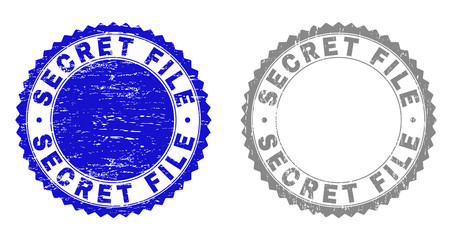 Grunge SECRET FILE stamp seals isolated on a white background. Rosette seals with grunge texture in blue and grey colors. Vector rubber stamp imprint of SECRET FILE tag inside round rosette.