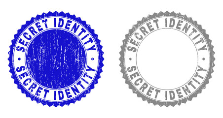 Grunge SECRET IDENTITY stamp seals isolated on a white background. Rosette seals with distress texture in blue and gray colors.