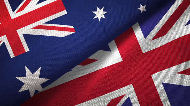 Australia and United Kingdom two flags textile cloth, fabric texture