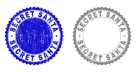 Grunge SECRET SANTA stamp seals isolated on a white background. Rosette seals with grunge texture in blue and gray colors. Vector rubber stamp imprint of SECRET SANTA label inside round rosette.