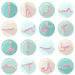 Modern 3d icons vector set with long shadow effect in stylish colors of glute exercises and workouts. Circle vector icons of glute exercises