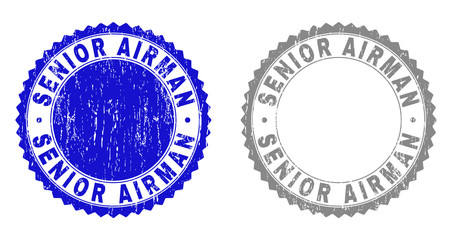 Grunge SENIOR AIRMAN stamp seals isolated on a white background. Rosette seals with distress texture in blue and grey colors. Vector rubber stamp imprint of SENIOR AIRMAN caption inside round rosette.