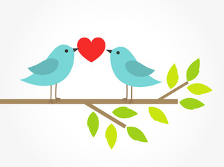 Couple of blue birds on tree branch with heart.
