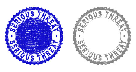 Obraz premium Grunge SERIOUS THREAT stamp seals isolated on a white background. Rosette seals with grunge texture in blue and gray colors. Vector rubber overlay of SERIOUS THREAT text inside round rosette.
