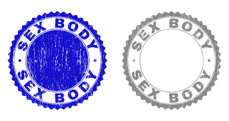 Grunge SEX BODY stamp seals isolated on a white background. Rosette seals with grunge texture in blue and gray colors. Vector rubber stamp imitation of SEX BODY text inside round rosette.