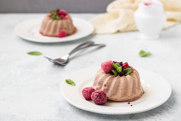 Two mini chocolate cheesecake with raspberry sauce and mint. No crust cheesecake. Diet dessert. Light grey stone concrete background. Copy space.