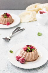 Two mini chocolate cheesecake with raspberry sauce and mint. No crust cheesecake. Diet dessert. Light grey stone concrete background. Copy space.