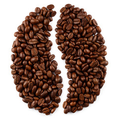 Delicious coffee beans in the form of a big coffee bean, isolated on white background