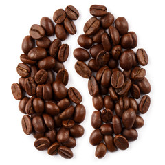Delicious coffee beans in the form of a big coffee bean, isolated on white background