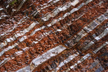 Red-layered rock with shiny silver stripes.