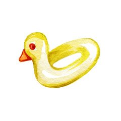 Fototapeta premium Watercolor Drawing Illustration Yellow Duck Inflatable Pool Float on White Background