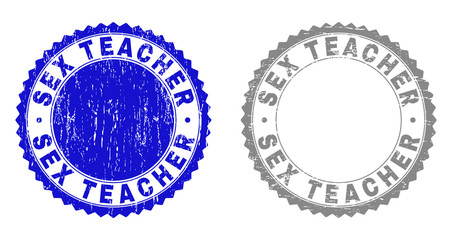 Grunge SEX TEACHER stamp seals isolated on a white background. Rosette seals with grunge texture in blue and grey colors. Vector rubber watermark of SEX TEACHER caption inside round rosette.